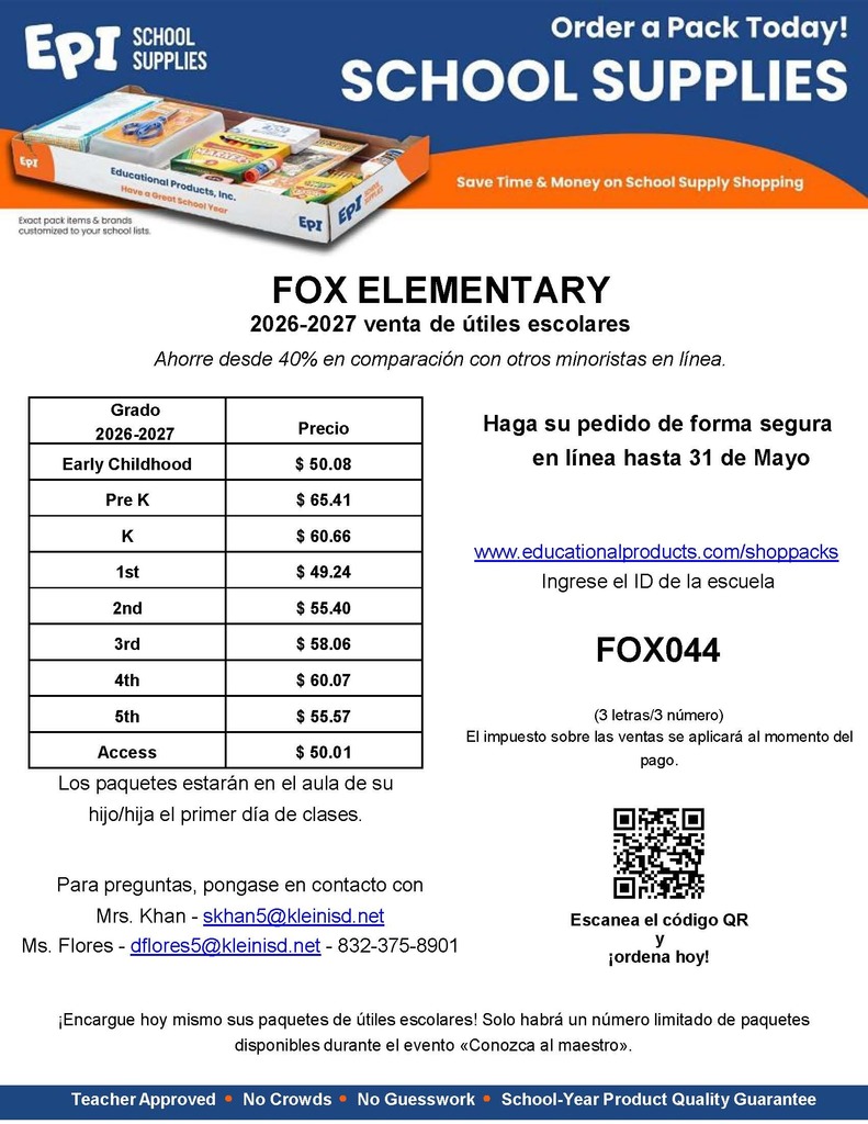 school supply order form Spanish