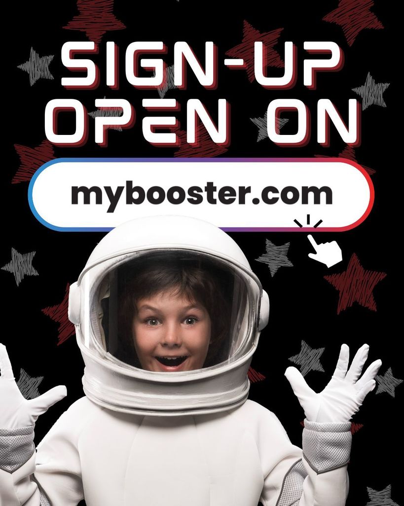 Student in space suit with red and white stars in the background