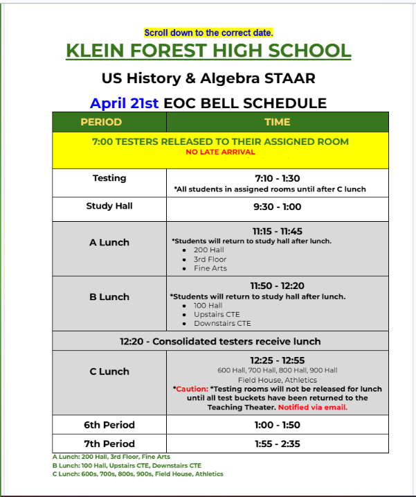 Klein Forest High School STAAR Adjusted Bell Schedule April 21st 2026 (2)