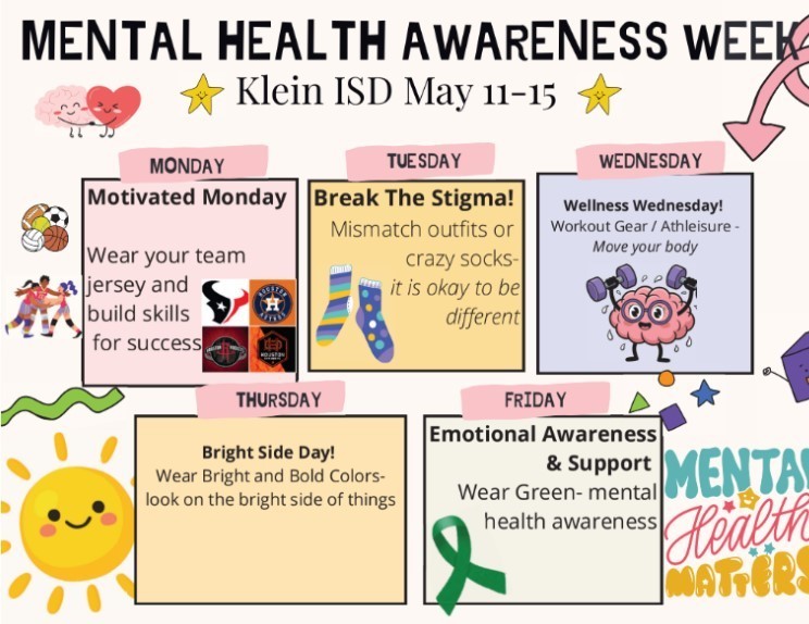 dress up week for mental health awareness flyer. may 11-15. details listed in the post