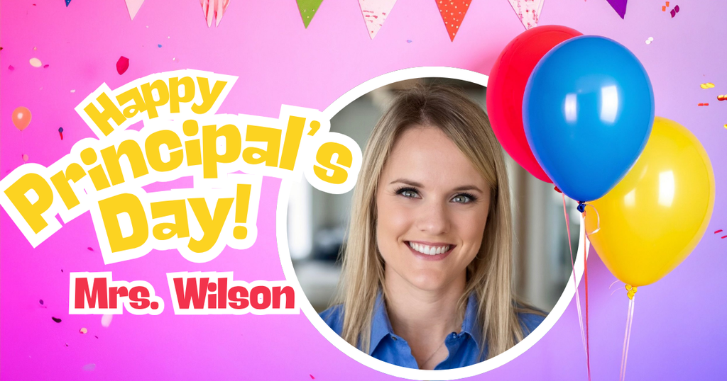 Image containing text "Happy Principal's Day Mrs. Wilson" and picture of Mrs. Wilson 