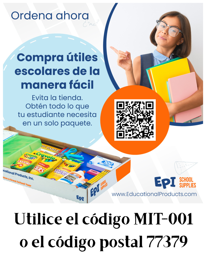 Spanish School Supply flyer. Skip the store get everything you need in one pack www.EducationlProducts.com use code MIT-001 or zip code  77379