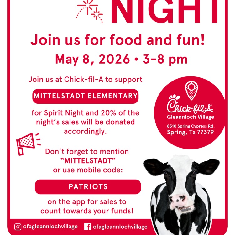 flyer for Chick-fil-a spirit night in May 8 on 8510 Spring Cypress from 3-8 pm