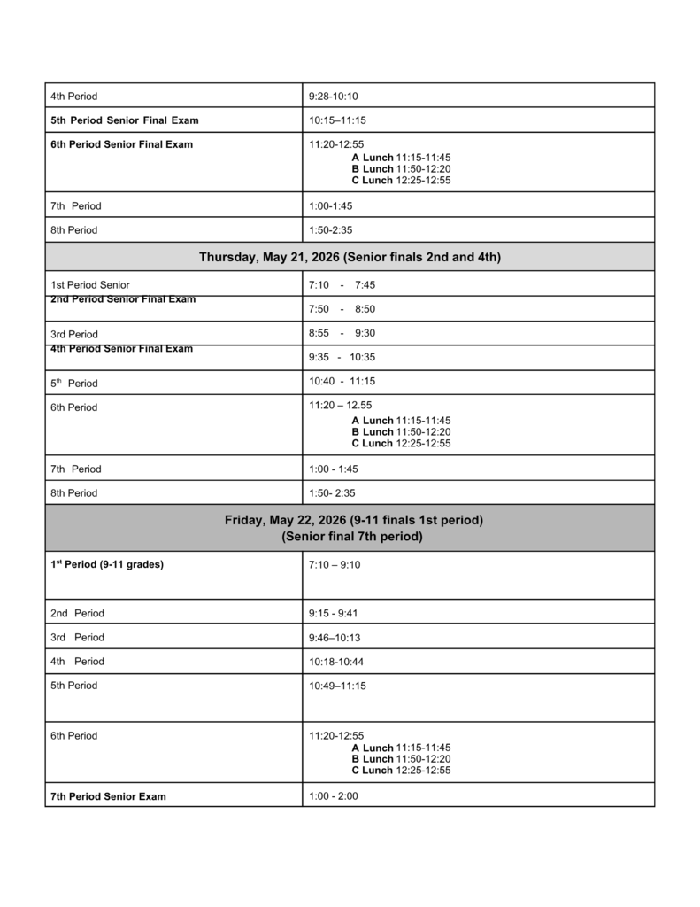 2026 KF Spring Final Exam Schedule - 2