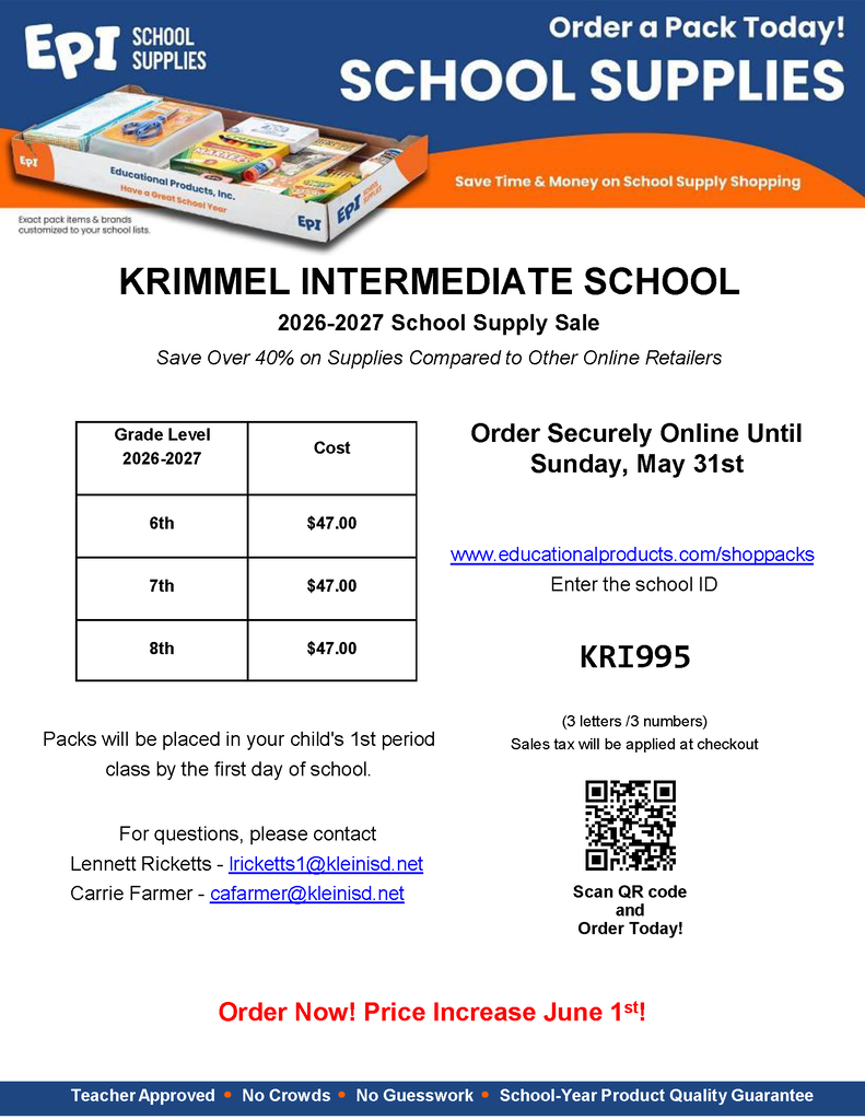 Flyer  to purchase School Supplies for the 2026-2027 School Year.