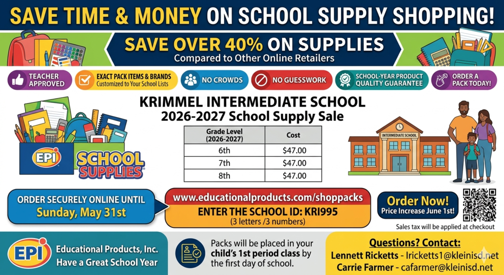Flyer  to purchase School Supplies for the 2026-2027 School Year.