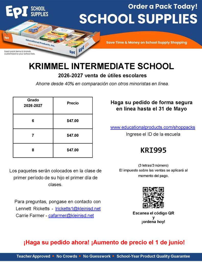Flyer  to purchase School Supplies for the 2026-2027 School Year.