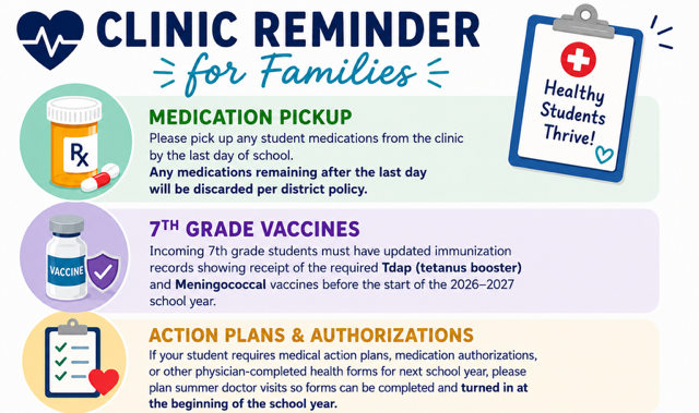 Clinic Reminders for Families: Medication Pickup, 7th grade vaccines, and action plans and authorizations