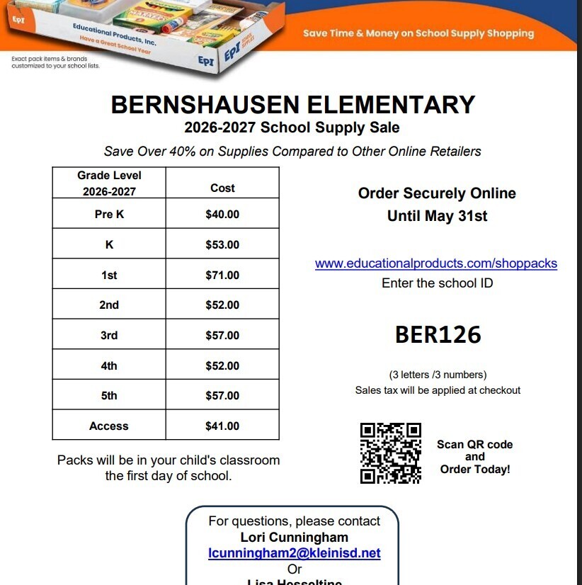 flyer for bernshausen elementary school supply sale. details listed in post.