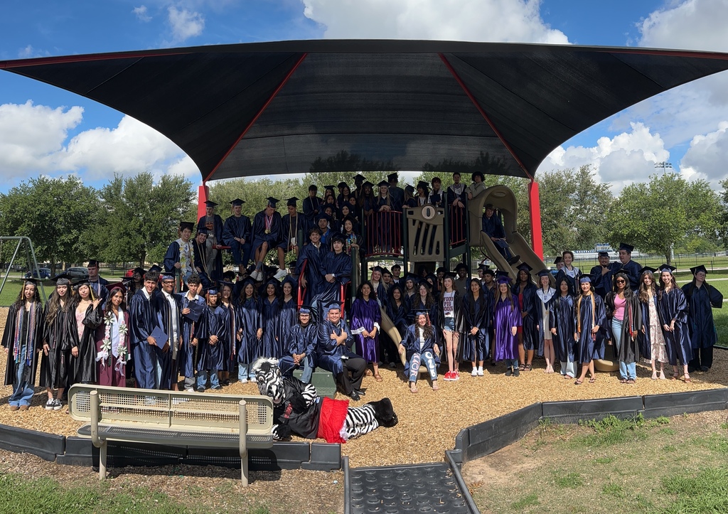 Large group of graduating seniors in cap and gown on elementary playground