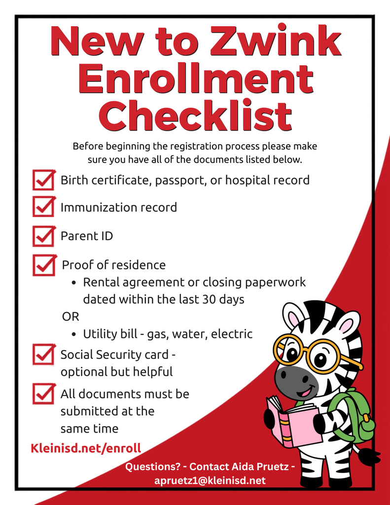 Checklist for enrollment with cartoon zebra wearing yellow glasses and a backpack reading a book