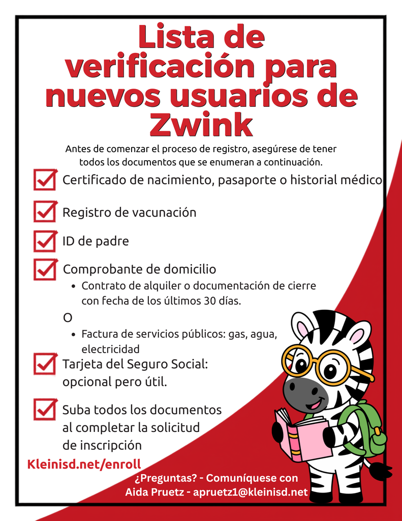 Checklist for enrollment with cartoon zebra wearing yellow glasses and a backpack reading a book