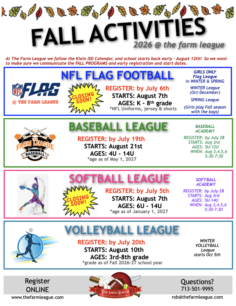 KISD Flyer Program - The Farm League Fall 2026 Activities - Sign ups 