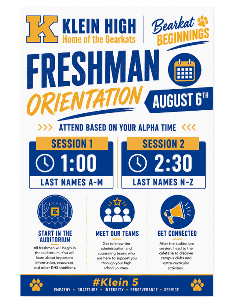 Blue and yellow poster with "Klein High Freshman Orientation" at top. Date, August 6, below. Two sessions, 1:00 and 2:30, split by last names. Icons for auditorium, team, and megaphone.