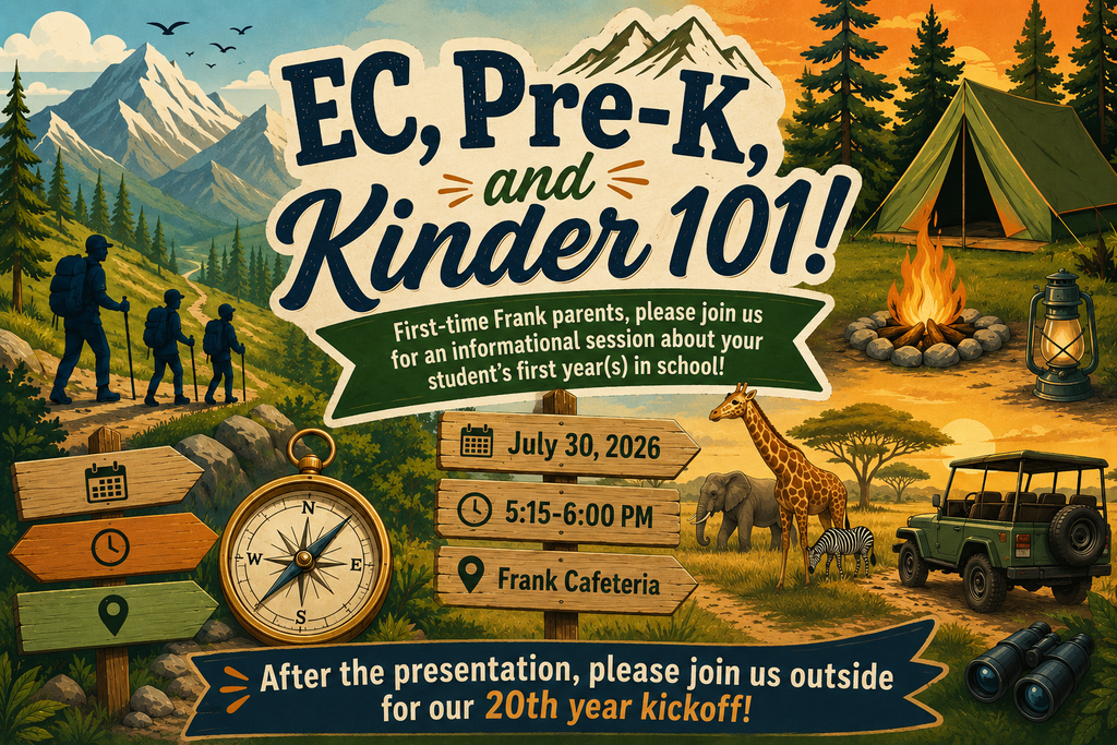Flyer with safari and camping theme advertising EC, Pre-K, and Kinder 101 presentation 