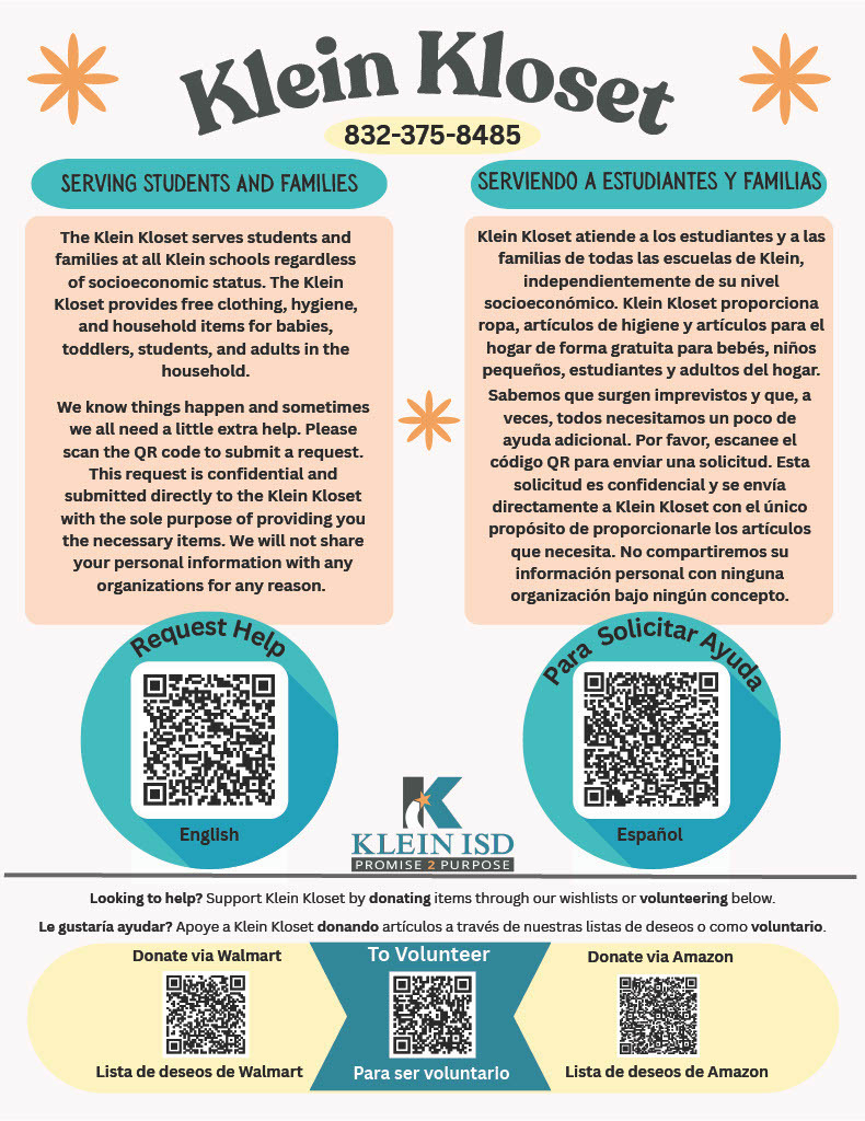An advertisement in English and Spanish for Klein Kloset. It offers clothing and household items to students and families. QR codes are provided for requests.