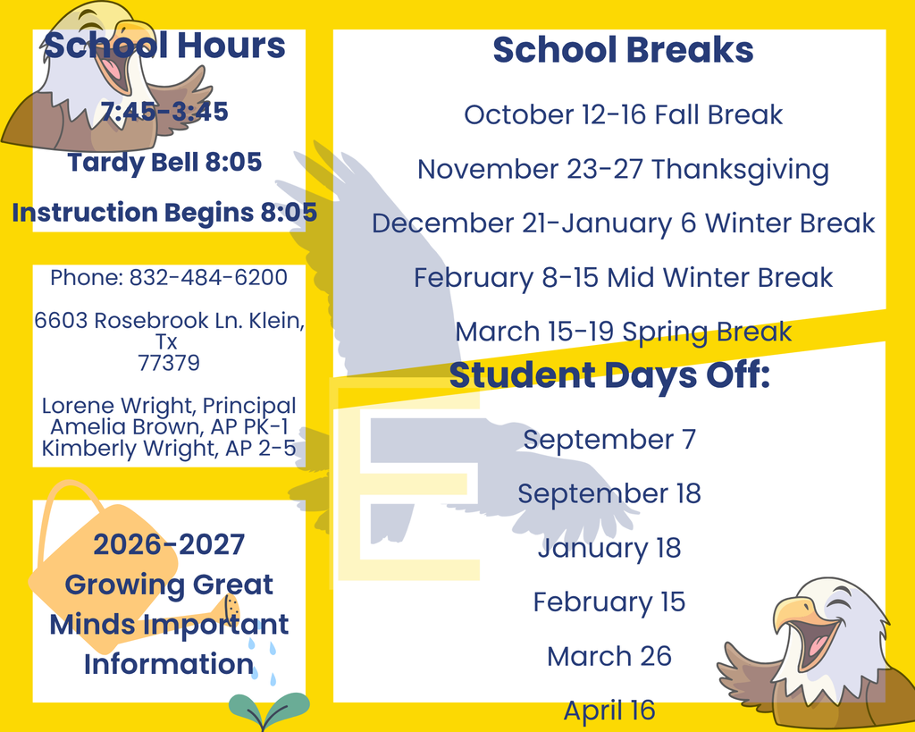 A school schedule with a yellow background includes school hours, school breaks, and student days off.