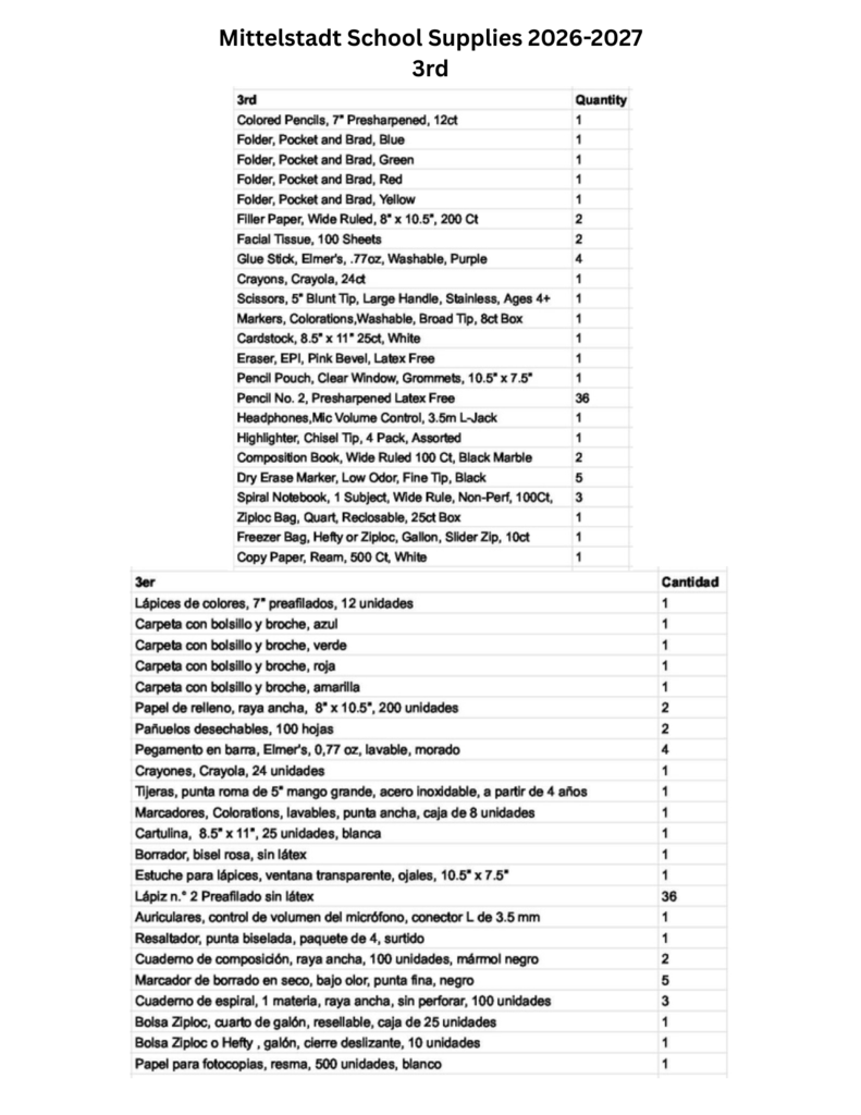3rd grade school supply list