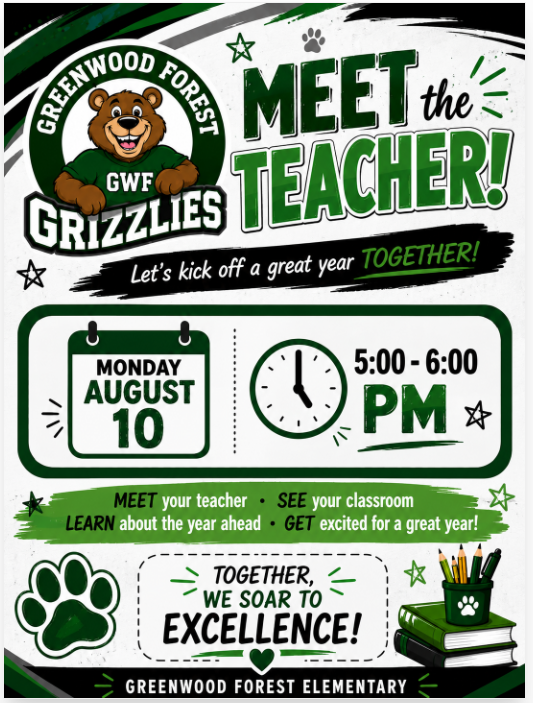 brown grizzly bear in a green shirt with green meet the teacher writing on a flyer