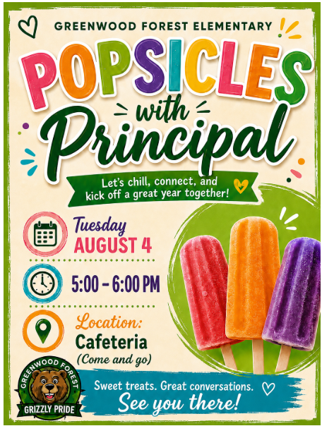 Grizzly bear and popsicles on flyer inviting community to meet the principal