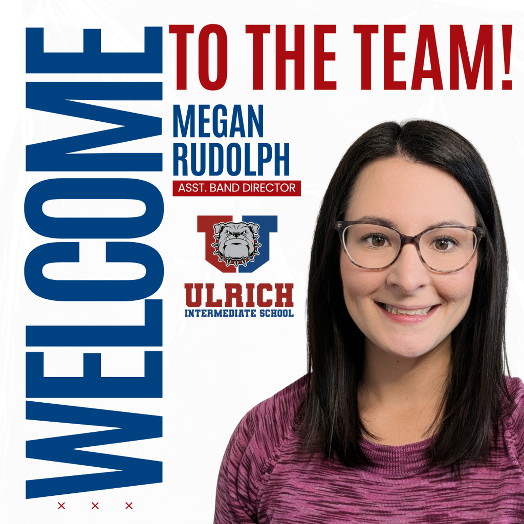 A smiling woman in glasses stands before a white background with blue and red text, "Welcome Megan Rudolph" and "Assistant Band Director".