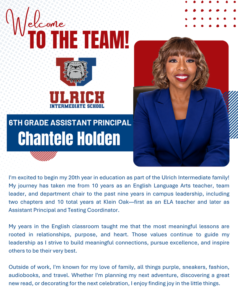 A smiling woman in a blue blazer introduces herself as Chantele Holden, the 6th Grade Assistant Principal. Text and a logo in red and blue background.