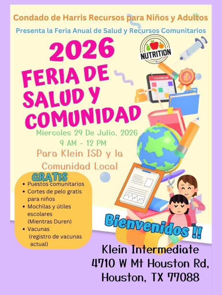 Poster with "2026 Feria de Salud y Comunidad" text. Children and adults attending. Event at Klein Intermediate.