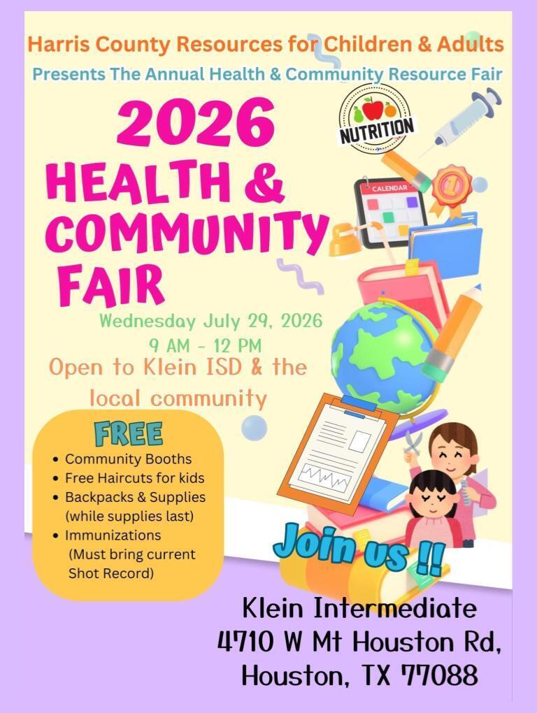 An event flyer for the Annual Health & Community Resource Fair in 2026, with icons of a globe, book, and children.