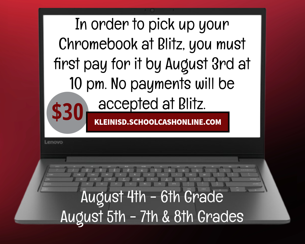 An open laptop displays a message about Chromebook pickup. Text states a $30 fee and payment deadline. Dates for grade-specific pickups are shown.