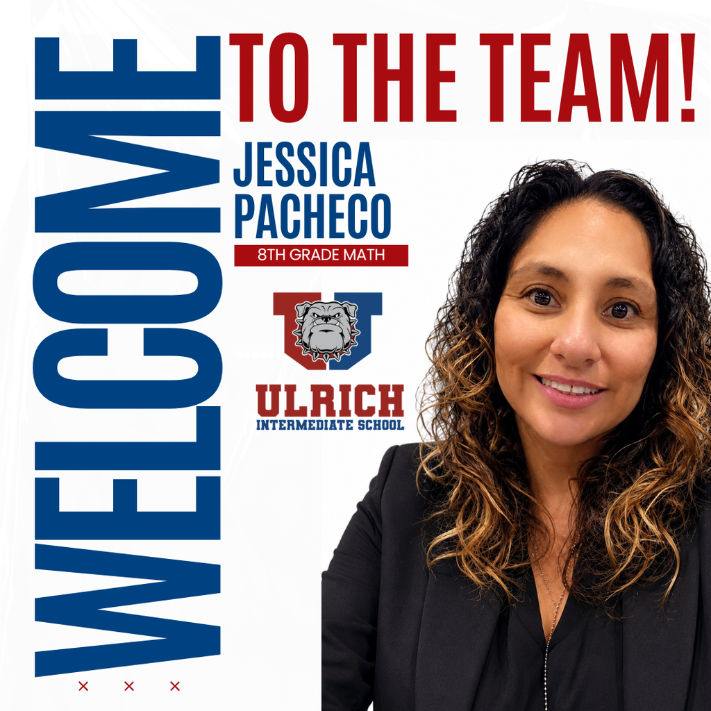 A smiling woman with curly hair stands in front of a white background. Text reads "WELCOME TO THE TEAM! JESSICA PACHECO 8TH GRADE MATH ULRITCH INTERMEDIATE SCHOOL."