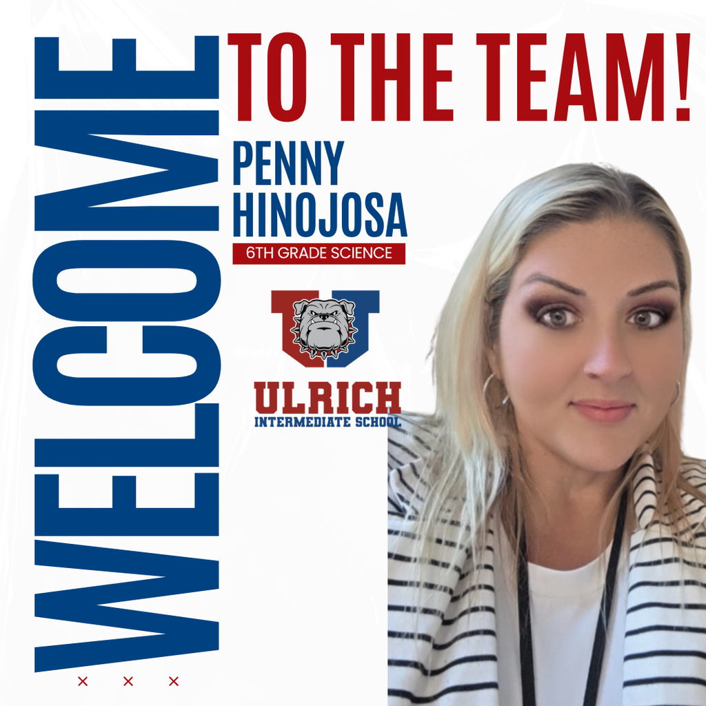 A person with blonde hair stands smiling in front of text that says "Welcome Penny Hinojosa 6th Grade Science Ulrich Intermediate School."