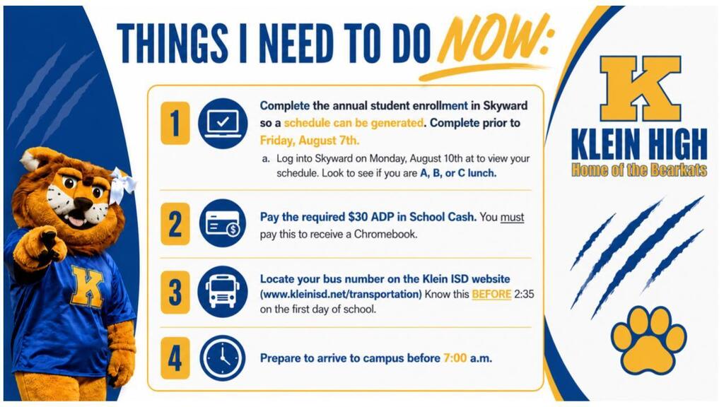 A checklist for new students includes tasks like completing enrollment, paying a fee, locating bus info, and arriving early.