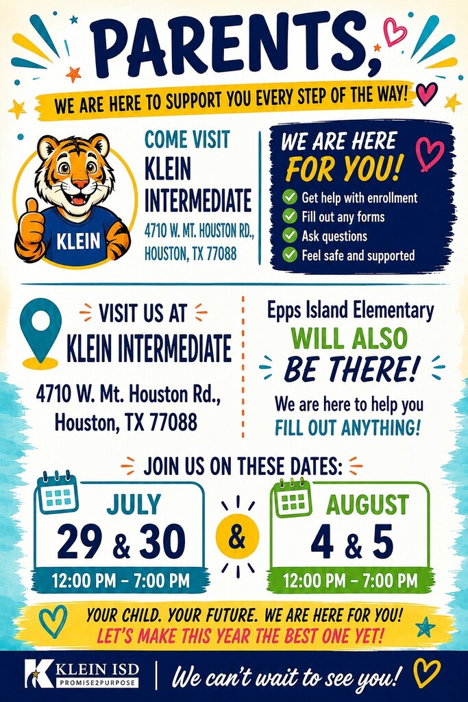An invitation for parents to visit Klein Intermediate. It includes dates, a location, and a list of support services.