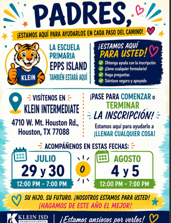 Late Night Registration event at Klein Intermediate July 29, 30 and August 4, 5 from 12:00 to 7:00.