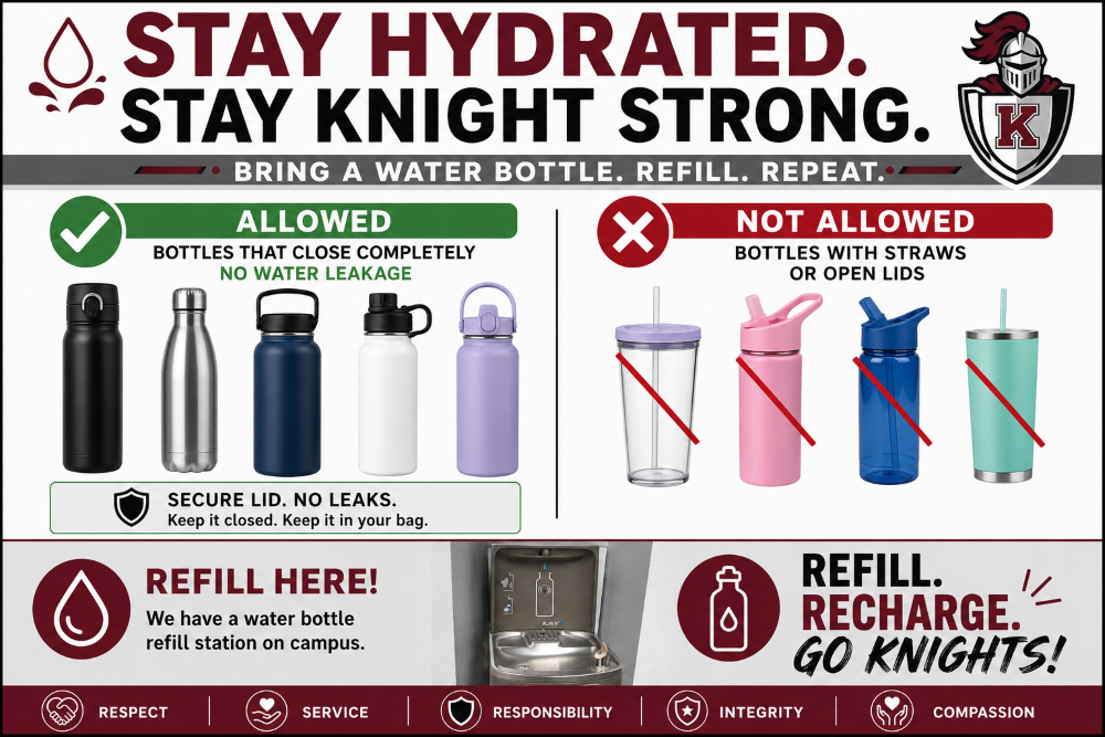 Water bottle guidelines showing that students may bring reusable water bottles with secure, leak-proof lids. Bottles with straws are not allowed, and students may refill approved bottles at the campus water refill station.