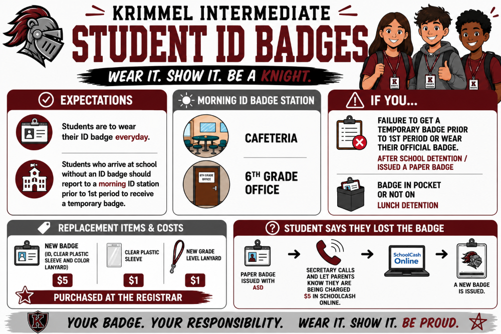 Student ID badges must be worn around your neck at all times. The poster also includes replacement costs and consequences for not wearing an ID badge.