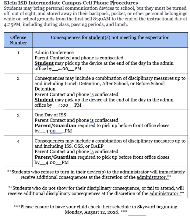 Revised: Klein ISD Cell Phone Procedures 
