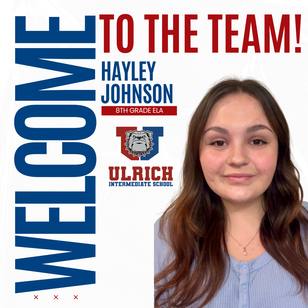 A  woman in front of text that says "WELCOME HAYLEY JOHNSON TO THE TEAM!" and "ULRICH INTERMEDIATE SCHOOL."