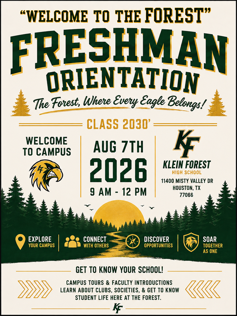 Orientation flyer for freshman class of 2030. Green background with trees and an eagle logo. Event details include date, time, and location.