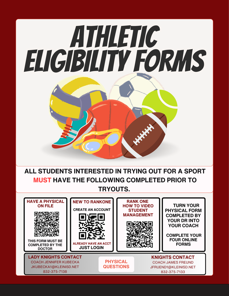 Poster with sports balls and a shoe, text "Athletic Eligibility Forms" on top. QR codes and contact details for coaches and student management.