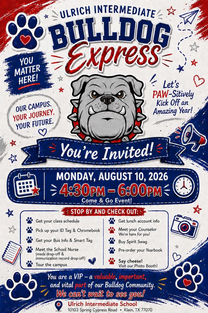 An invitation to the Ulrich Intermediate Bulldog Express event, featuring a bulldog, date, and various activities. Blue, red, and white background.