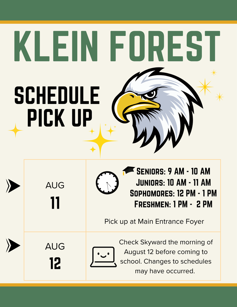 An event flyer displays the Klein Forest Schedule Pick Up with an eagle logo, dates, times, and a Main Entrance Foyer pick-up location.