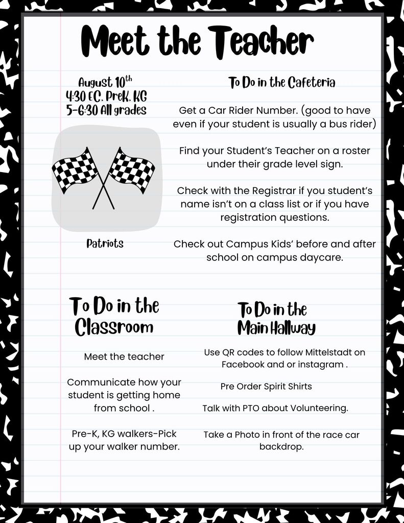 A poster with a black and white pattern, "Meet the Teacher" title, and event details including time and activities.