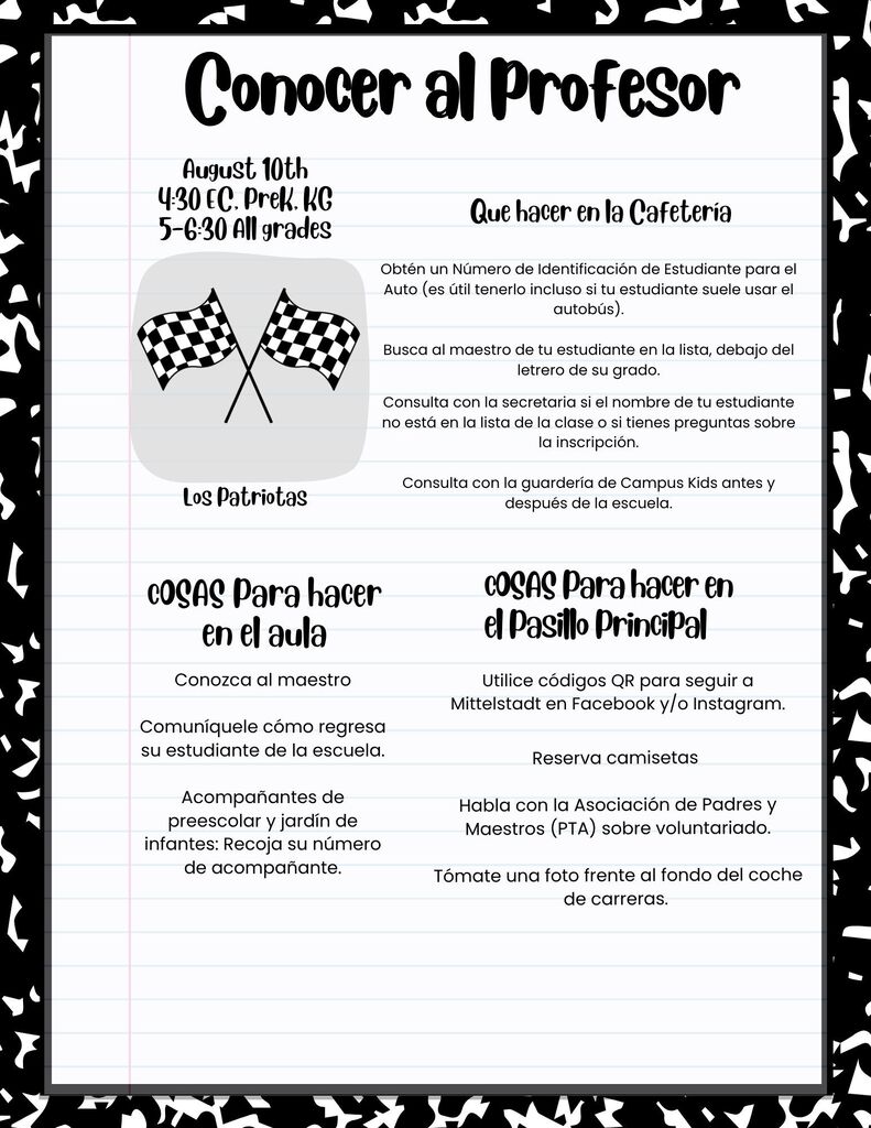 A black and white flyer for an event titled "Conocer al Profesor" on August 10th, 4:30 PM, Pre-K to 5th grade. It includes meeting details and codes.