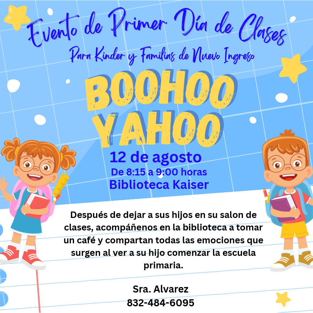 A poster for a kindergarten orientation event. Two children hold books and a woman offers details.