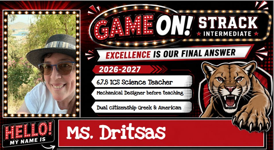 A photo collage shows a smiling woman in a hat and glasses with text reading "Game On! StracK Intermediate."