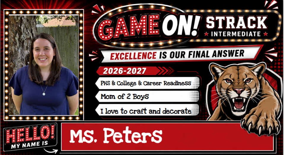 A poster featuring a smiling woman in a blue shirt, a cat, and the text "Game On! Strack Excellence is our final answer".
