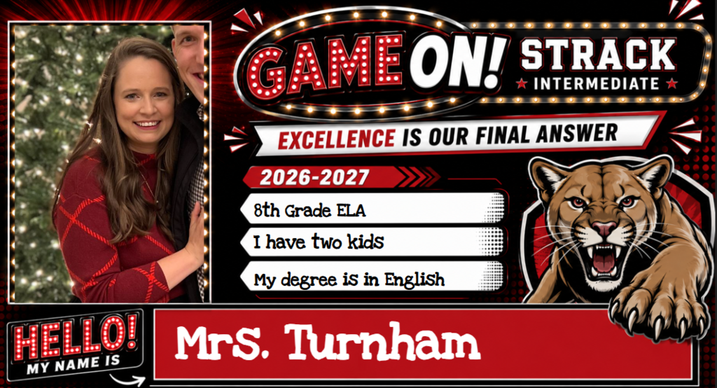 Advertisement with text "Game On! Strack Intermediate" and a smiling woman. Below it, a panther and information: 2026-2027, 8th Grade ELA, has two kids, degree in English.