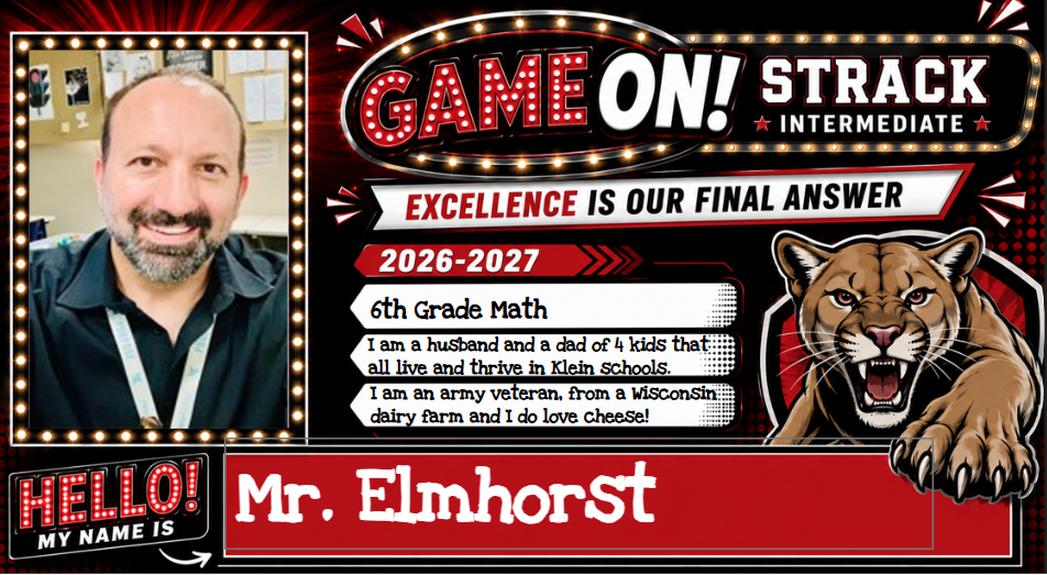 A digital poster features a smiling adult man and a lion. Text reads "GAME ON! STRACK INTERMEDIATE".