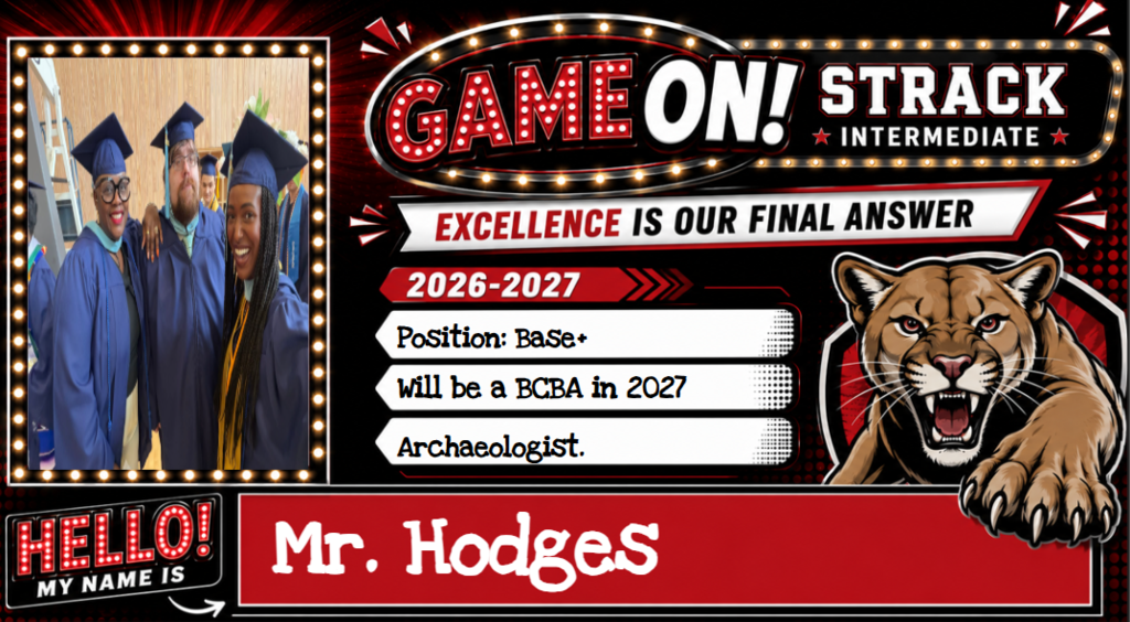 A red and black screen with a graphic of a cat and text about a teacher named Mr. Hodges.